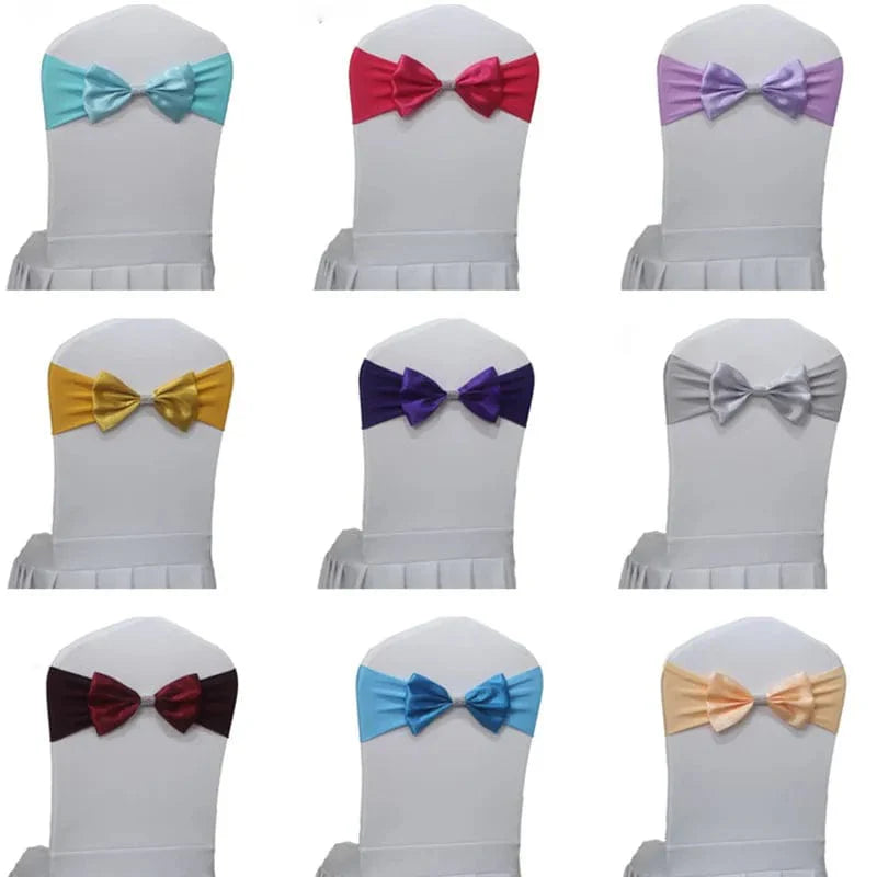Set of satin spandex chair sashes with elastic stretch bows, ideal for wedding and party decorations, by Showlu Fashion Store.