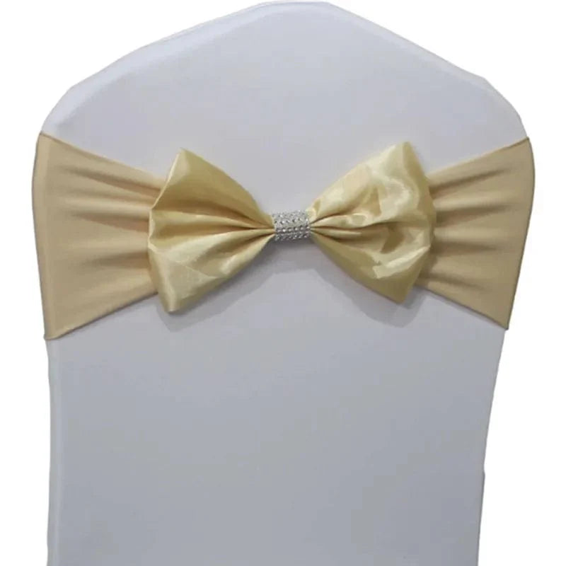 Set of satin spandex chair sashes with elastic stretch bows for wedding and event decor, shown in elegant white color.