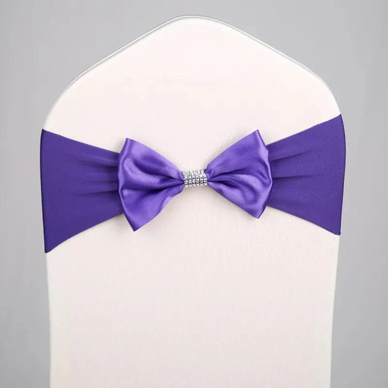 Set of satin spandex chair sashes with elastic stretch bows for wedding and event decor, shown in various colors and tied around chairs.