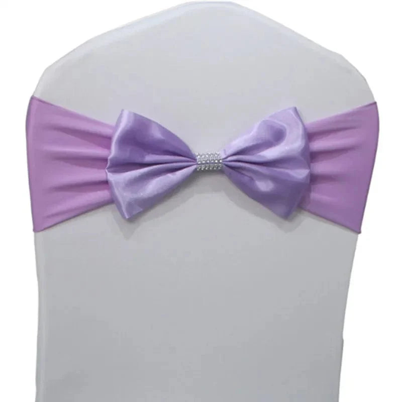 Set of satin spandex chair sashes with elastic stretch bows for wedding and event decor, shown in elegant wedding setting.