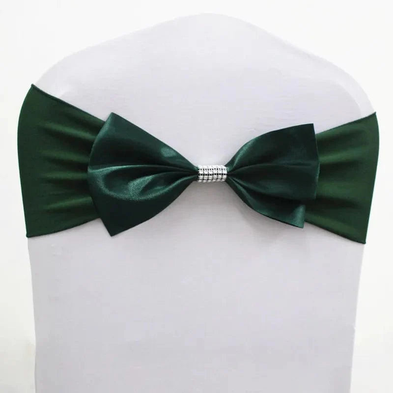 Set of satin spandex chair sashes with elastic stretch bows for weddings, banquet, and party decorations.
