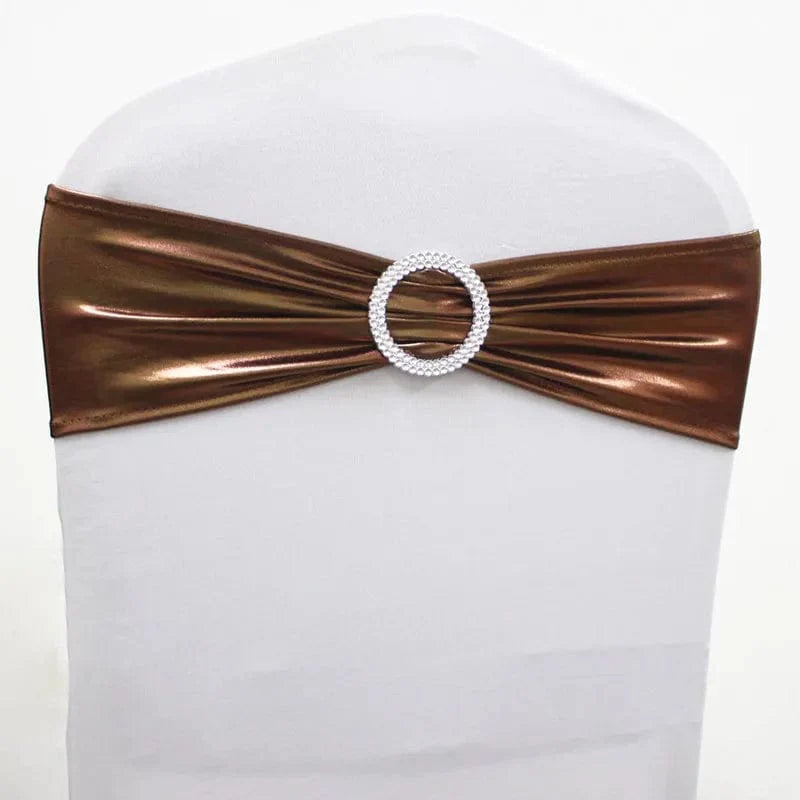 Set of 10 or 50 metallic gold and silver spandex chair sash bands with round buckles, perfect for wedding and banquet decor.