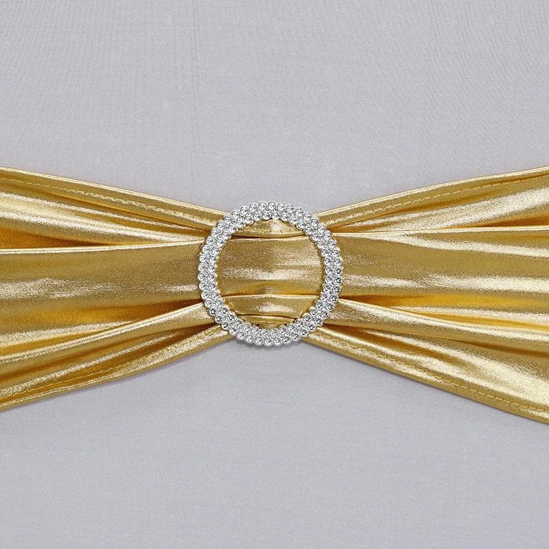 Set of 10 or 50 metallic gold and silver spandex chair sash bands with round buckles for banquet and wedding chair decoration