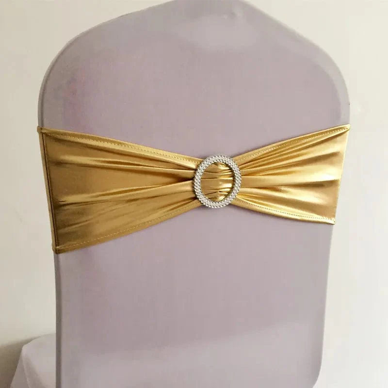 Set of 50 metallic gold and silver spandex chair sash bands with round buckles for wedding and banquet chair decoration.