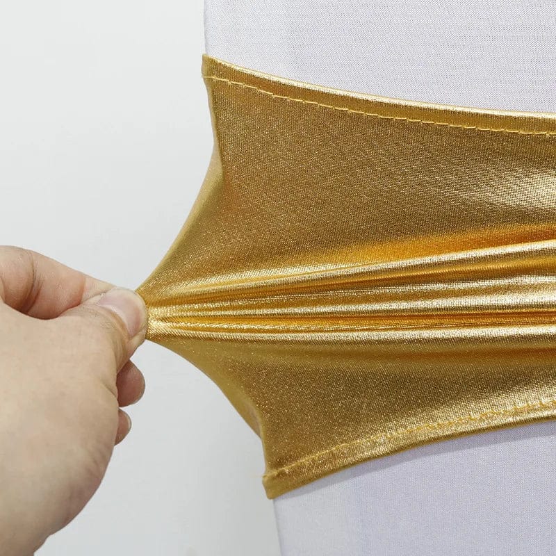 Set of metallic gold and silver spandex chair sash bands with round buckles, ideal for wedding and banquet chair decorations.