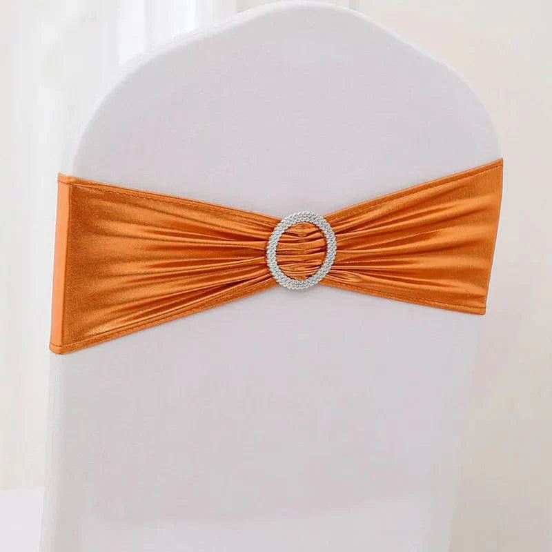 Set of 10 or 50 metallic gold and silver spandex chair sash bands with round buckles for banquet and wedding chair decor.