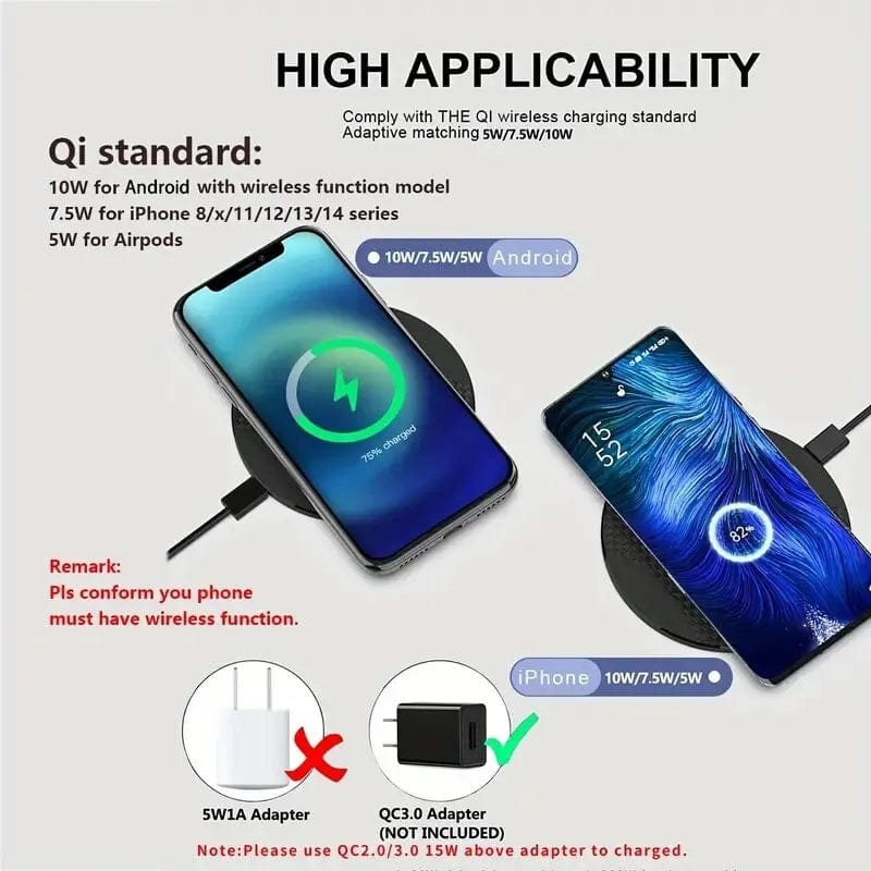 VIKEFON 10W wireless charger pad for fast charging smartphones like iPhone 14, Samsung, Xiaomi, with ultra-thin design.