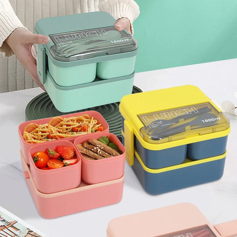 Showlu 2-layer Bento lunch box for kids with 1800ML capacity, includes fork and spoon, microwave-safe food storage container.