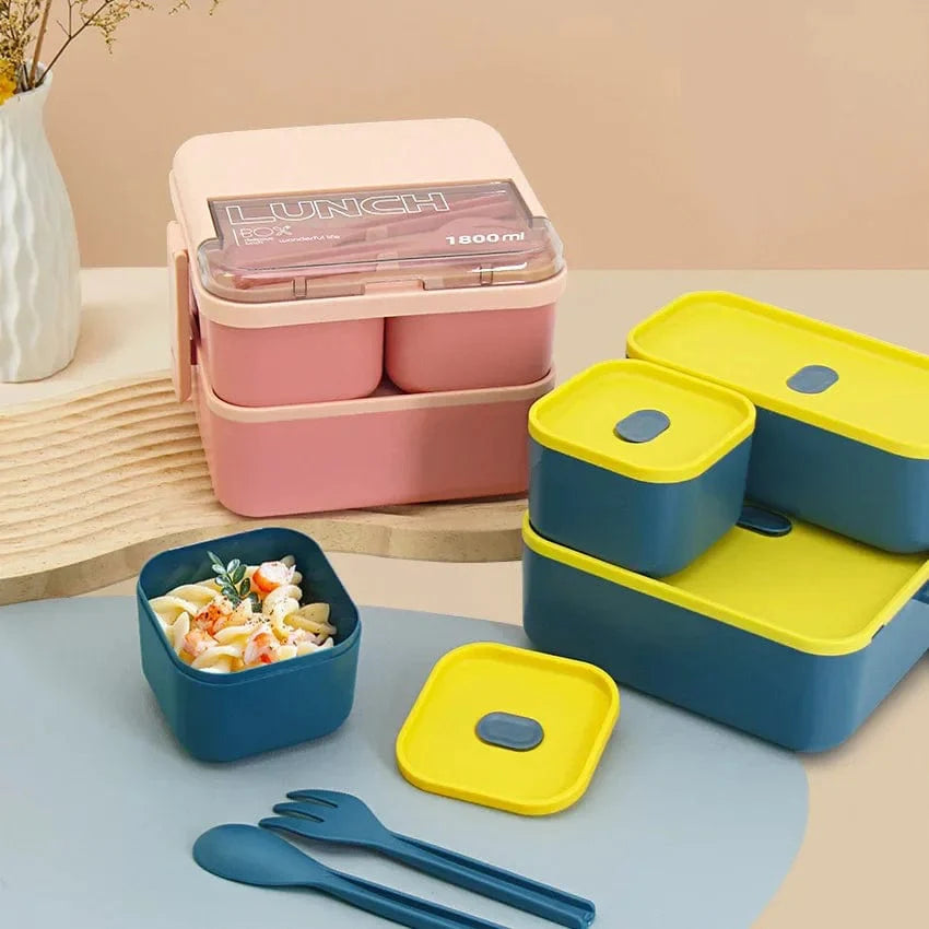 Showlu 2-layer kids' bento lunch box with fork and spoon, 1800ML microwave food container, portable food storage for children