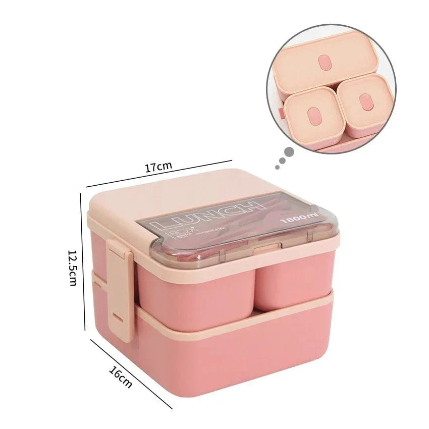 Showlu 2-layer kids bento lunch box with 1800ml capacity, microwave-safe food container, includes fork and spoon for portable meals.