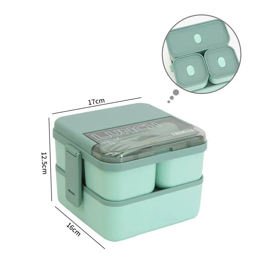 Showlu 2-layer kids bento lunch box with 1800ML capacity, microwave-safe food container, includes fork and spoon for portable meals.