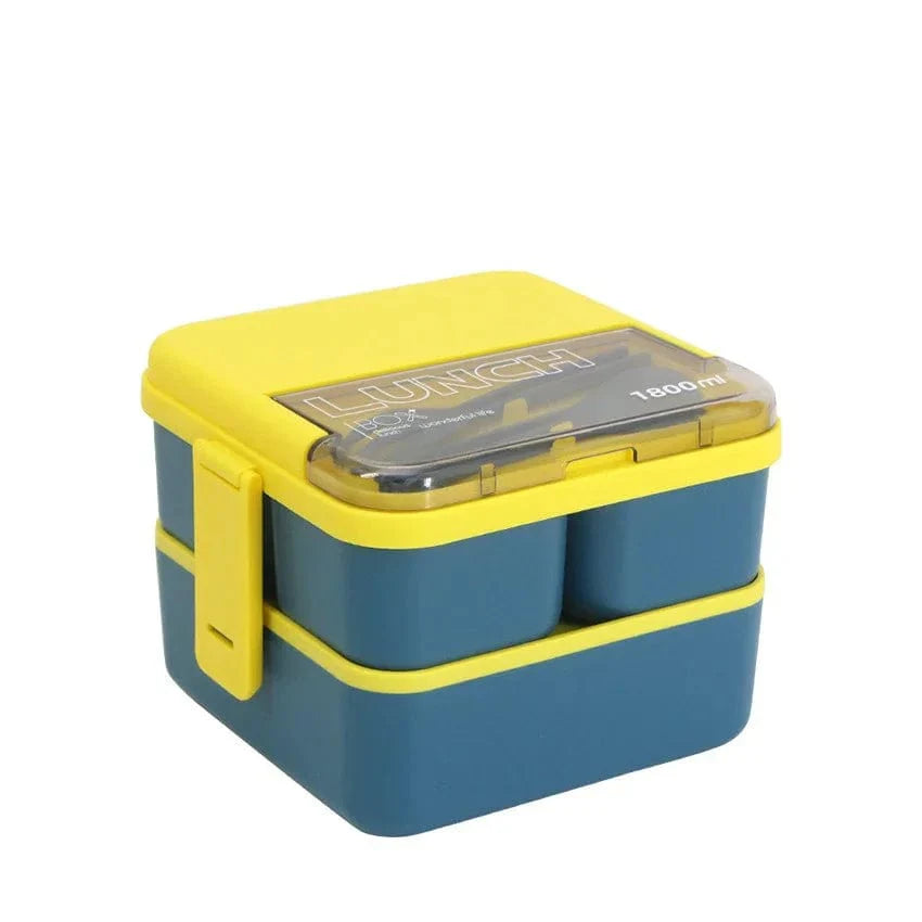 Showlu 2-layer kids bento lunch box with 1800ML capacity, compartments, fork, and spoon, microwave-safe food container.