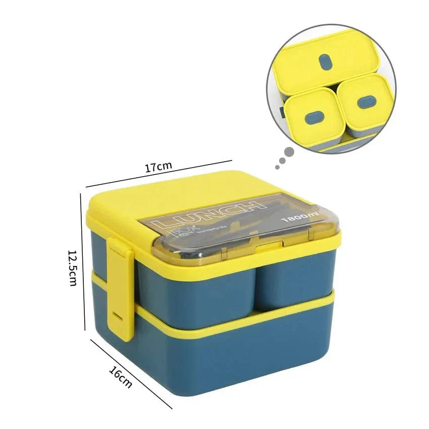 Showlu 2-layer kids' bento lunch box with 1800ML capacity, includes fork and spoon, microwave-safe food container, portable storage