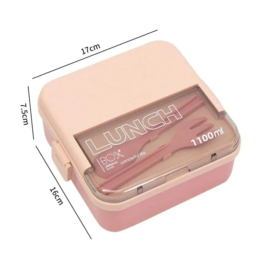 Showlu 2-layer kids bento lunch box with 1800ml capacity, microwave-safe food container, includes fork and spoon for portable meal storage.