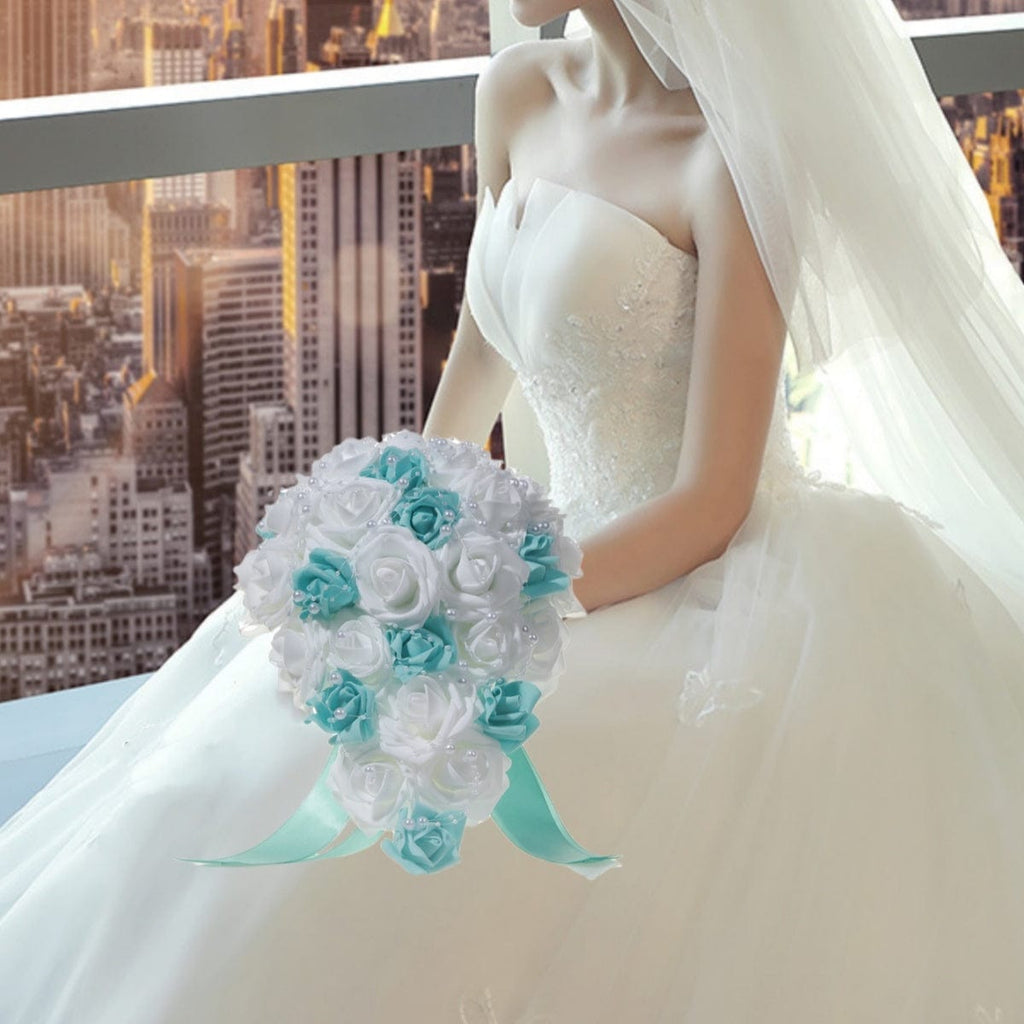 White and blue pearl ribbon silk bridal wedding bouquet with handmade artificial flowers and elegant design by Showlu Fashion.