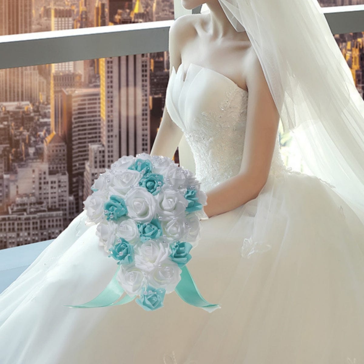 White and blue pearl ribbon silk bridal wedding bouquet with handmade artificial flowers and elegant design by Showlu Fashion.