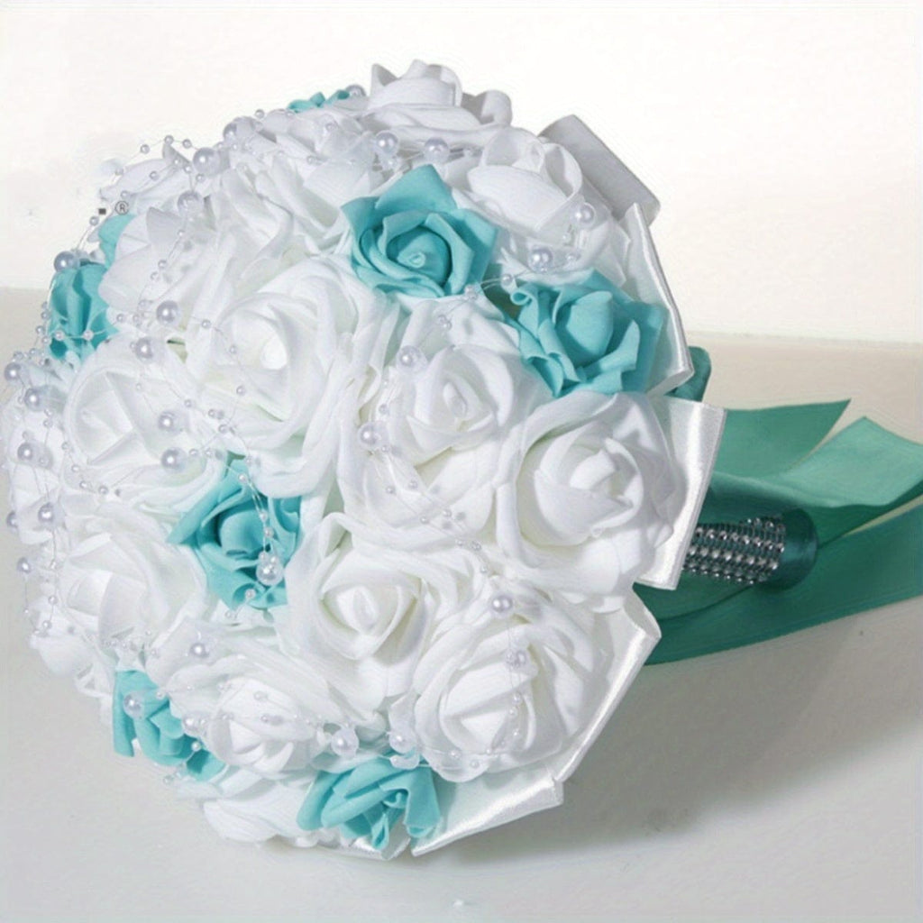 White and blue pearl ribbon silk bridal wedding bouquet with handmade artificial flowers, perfect for wedding or special occasion.