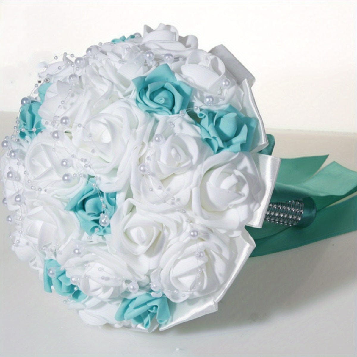 White and blue pearl ribbon silk bridal wedding bouquet with handmade artificial flowers, perfect for wedding or special occasion.