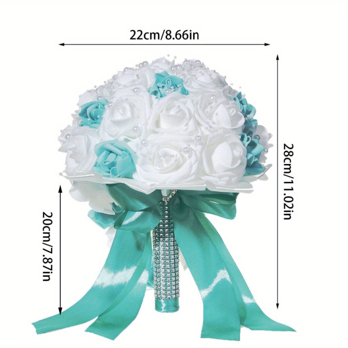 Showlu Fashion white and blue pearl ribbon silk bridal wedding bouquet with artificial flowers, held in hand for wedding or event.