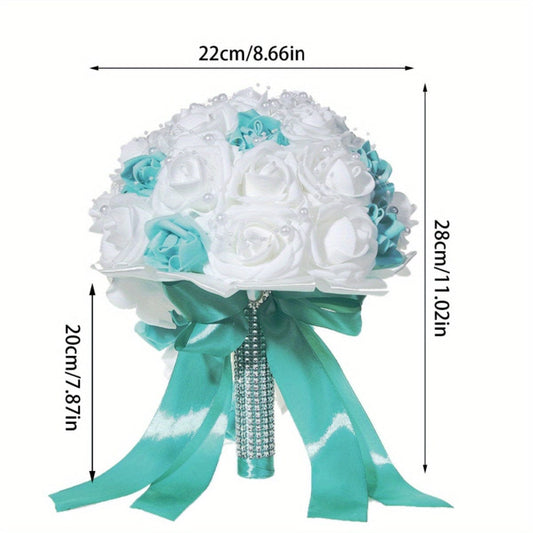 11.02inch White Blue Pearl Ribbon Bridal Wedding Drop Bouquet Handmade Artificial Silk Holding Flowers For Wedding Favors Supplies, Graduation Gift art sign - SHOWLU FASHION STORE