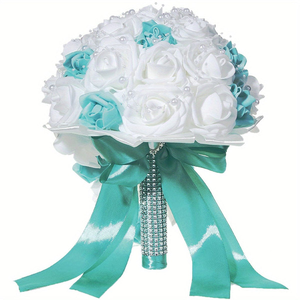 White and blue pearl ribbon silk bridal wedding bouquet with handmade artificial flowers, perfect for wedding decor and gifts