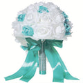 White and blue pearl ribbon silk bridal wedding bouquet with handmade artificial flowers, perfect for wedding decor and gifts