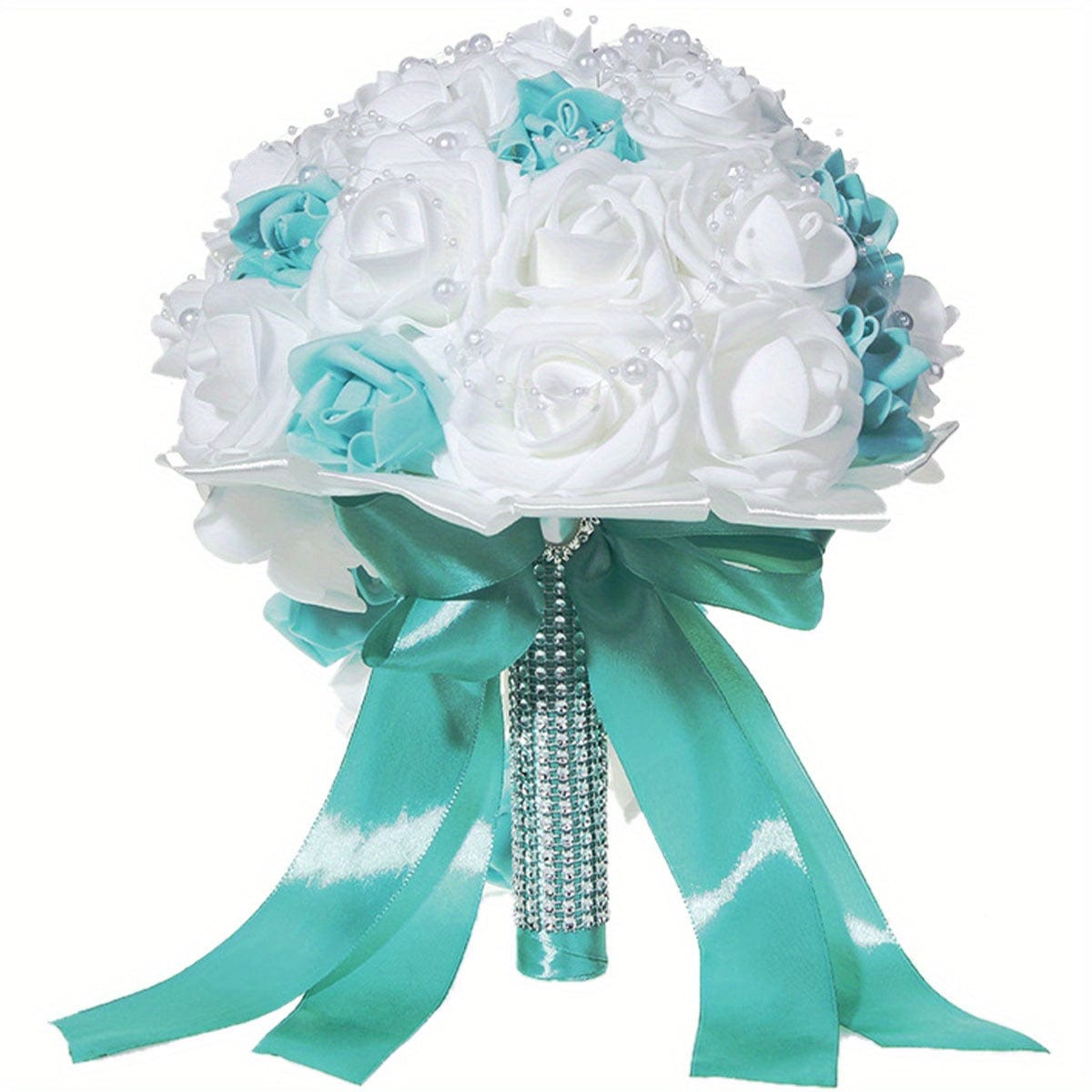 White and blue pearl ribbon silk bridal wedding bouquet with handmade artificial flowers, perfect for wedding decor and gifts