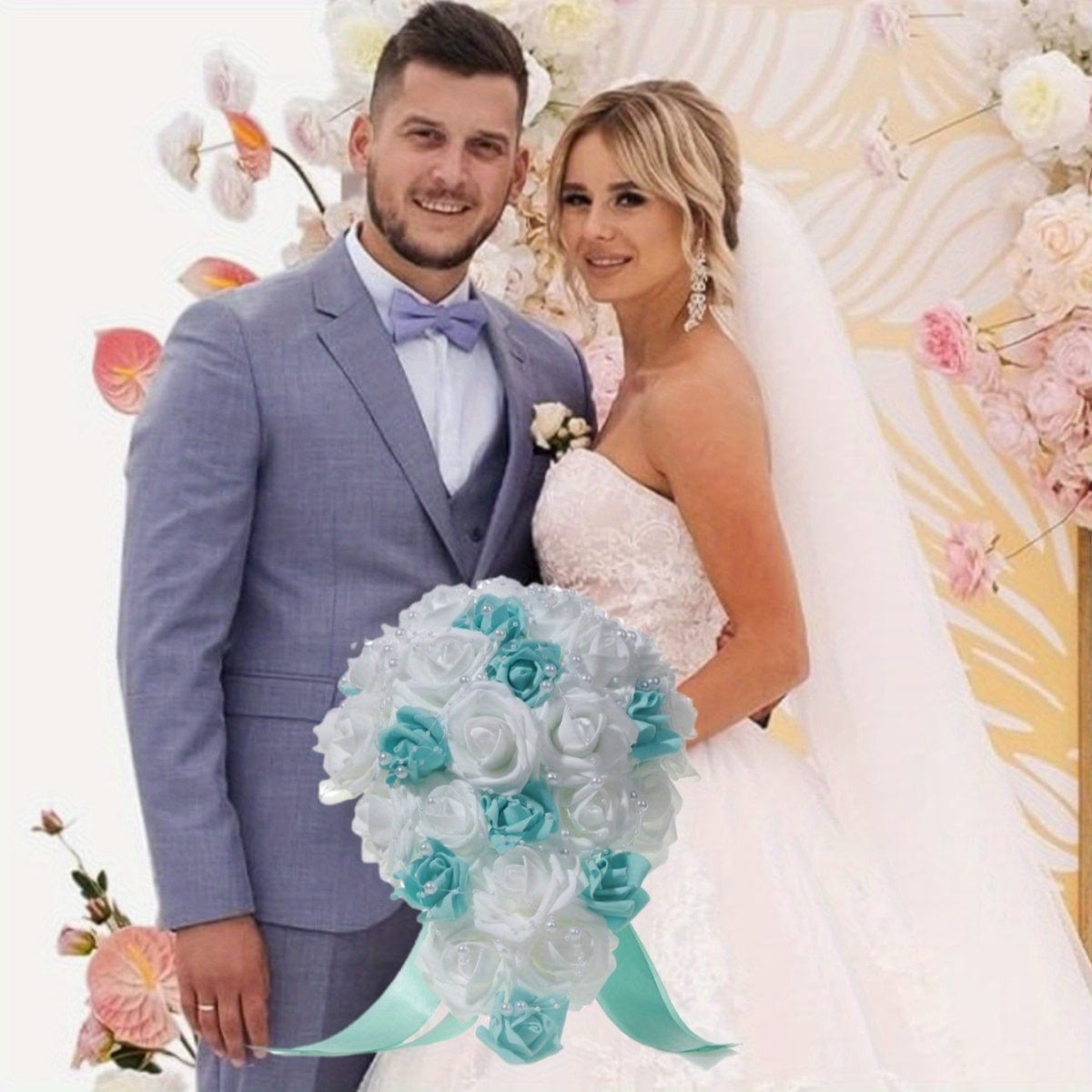 White and blue pearl ribbon silk bridal wedding bouquet with handmade artificial silk flowers, perfect for weddings and special occasions.