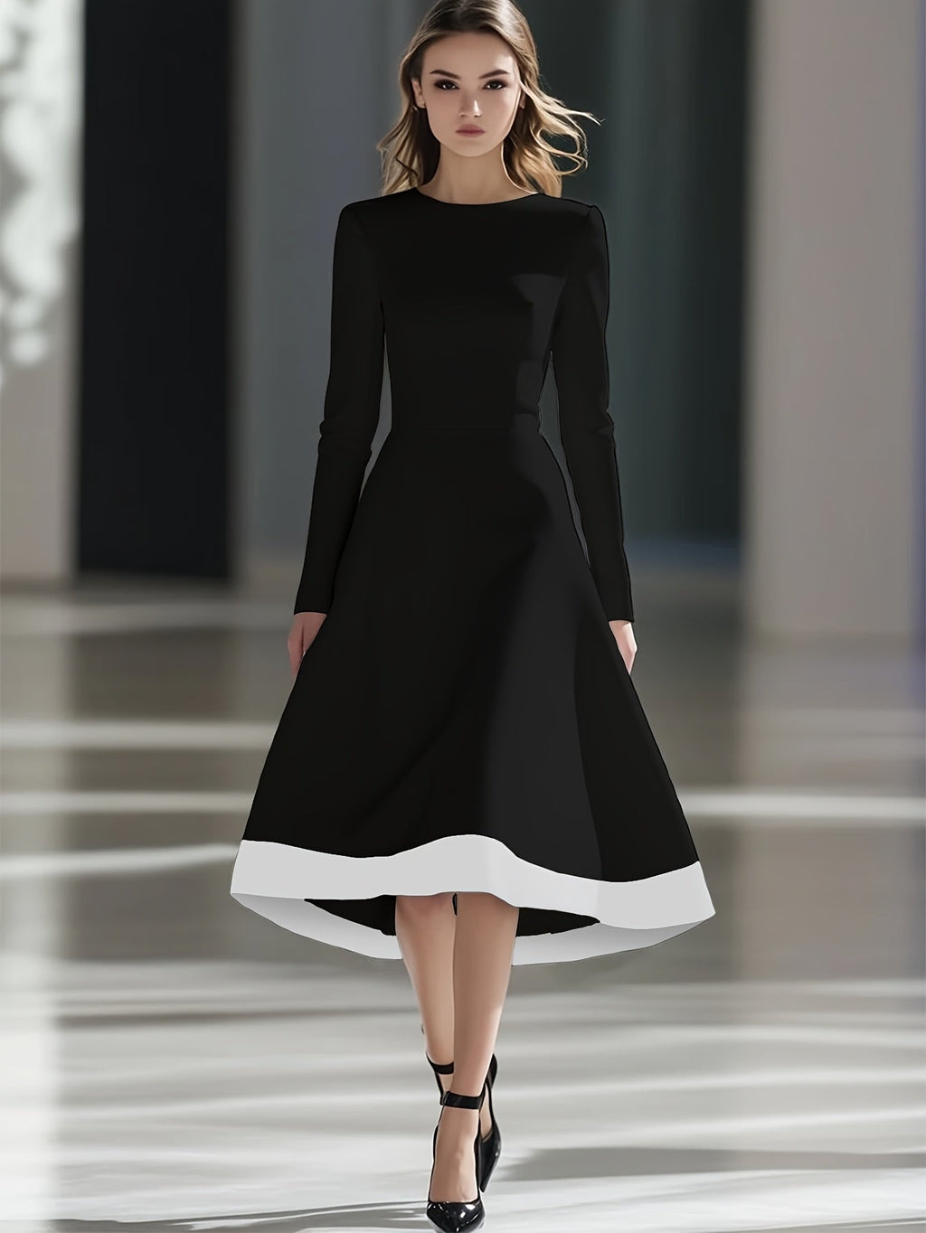 SHOWLU FASHION women's burgundy long sleeve midi dress with A-line knit design, stylish and comfortable for casual wear.