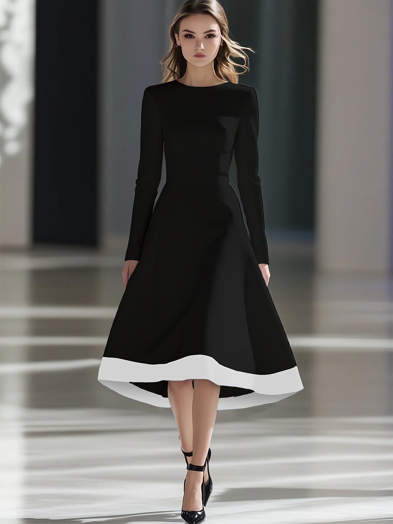 SHOWLU FASHION women's burgundy long sleeve midi dress with A-line knit design, stylish and comfortable for casual wear.