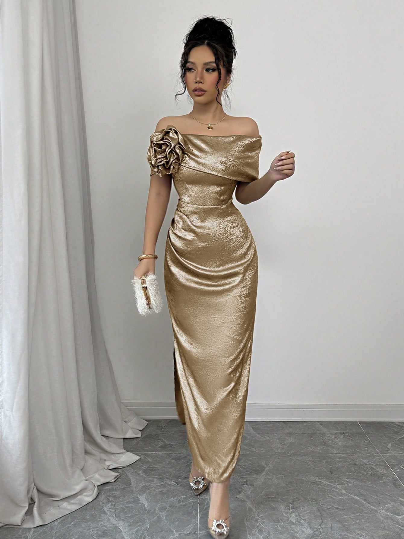 Red off-shoulder bodycon maxi dress with a low slit from SHOWLU FASHION, styled for elegant evening wear.