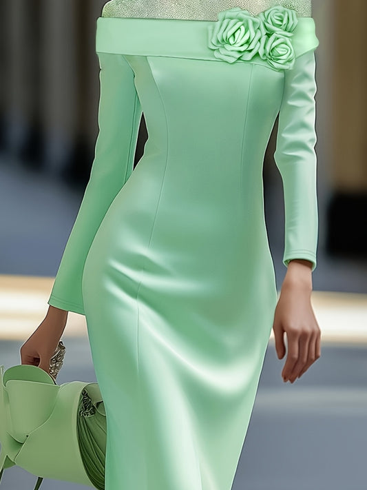 [Mint Green Dress] Polyester Elegant Mint Green Off-Shoulder Long Sleeve Bodycon Dress | Floral Embellishments, Perfect for Adult Women, All-Season Wear, Formal Evening Gown