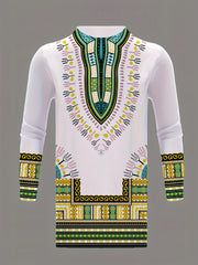 Men'S African Tribal Art Pajama Set - White & Brown Geometric Pattern, Long Sleeve Button-Up Shirt & Pants, Regular Fit Casual Sleepwear for All Seasons, Cultural Attire, Cultural Attire|Tribal Style|Buttonup Top, African Clo