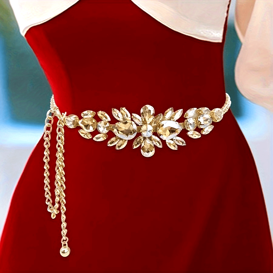 Golden rhinestone leaf chain belt for women, vintage boho style by SHOWLU FASHION, detailed with sparkling leaf motifs.