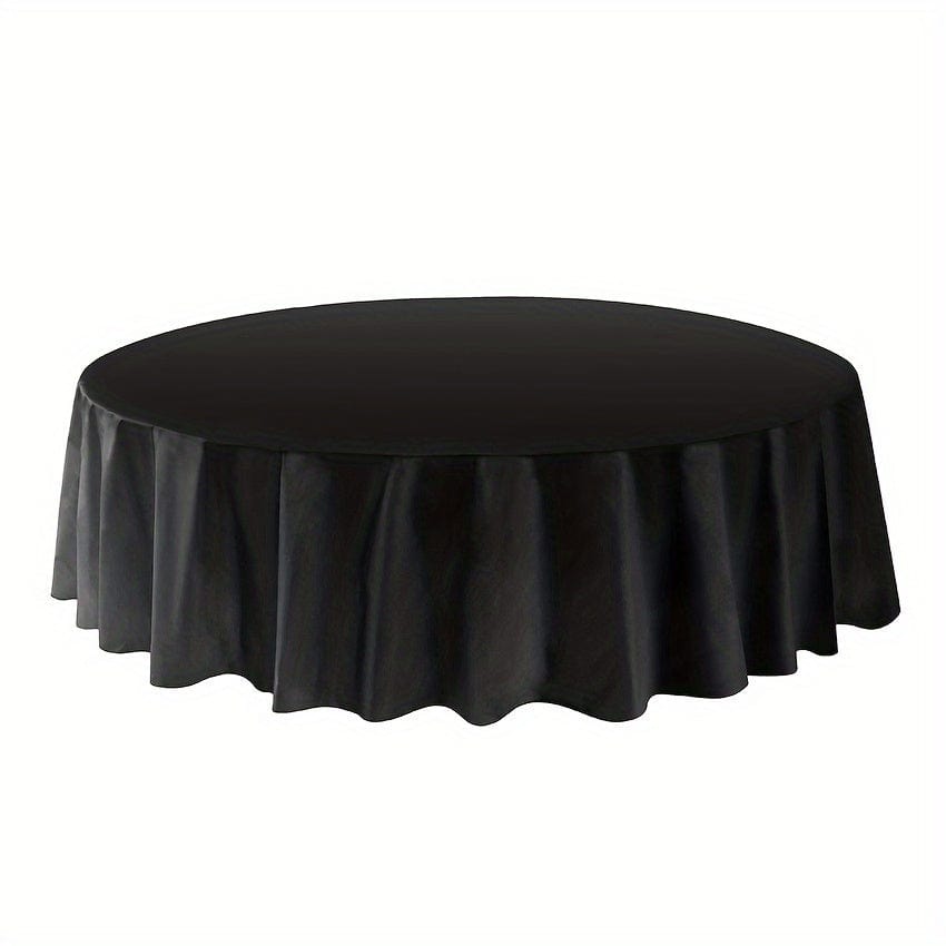 Showlu 12-pack round 84-inch disposable plastic tablecloths, versatile PVC covers for weddings, parties, and celebrations.
