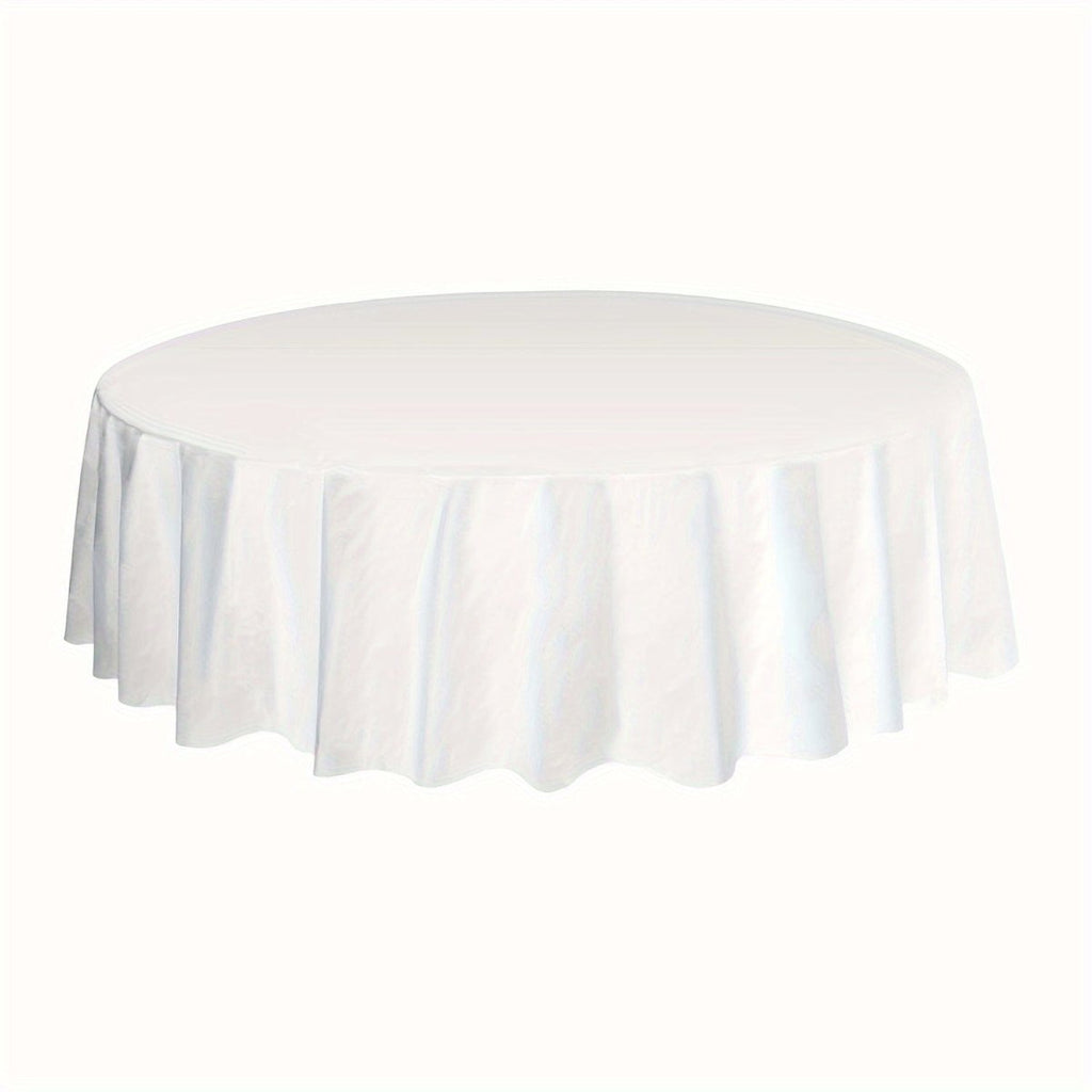 Showlu 12-pack round 84-inch plastic tablecloths, disposable PVC covers, ideal for weddings, parties, and special events.
