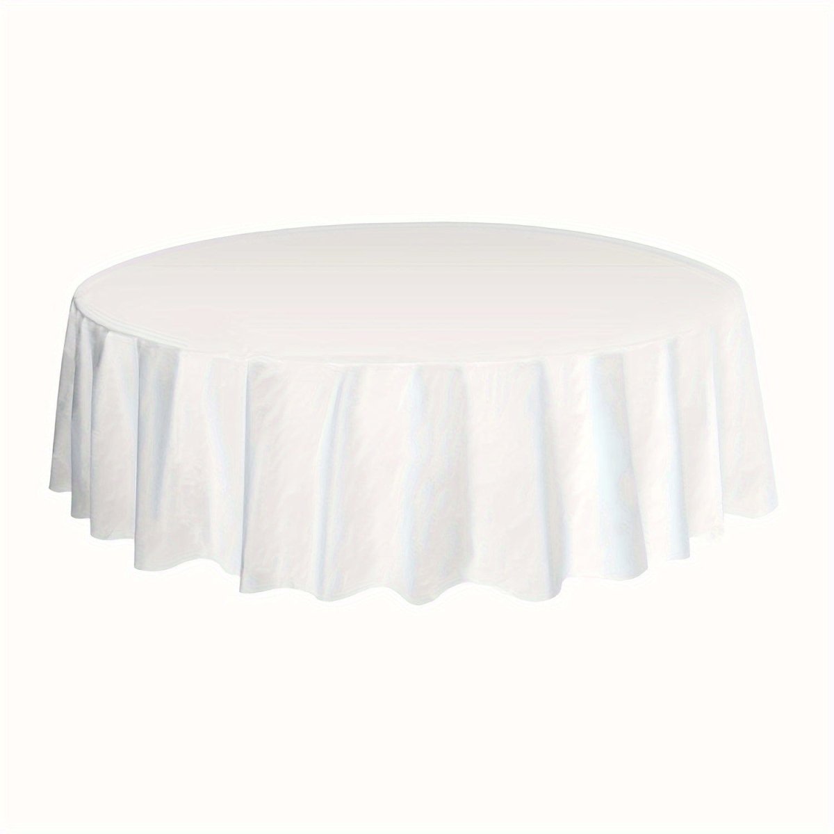 Showlu 12-pack round 84-inch plastic tablecloths, disposable PVC covers, ideal for weddings, parties, and special events.