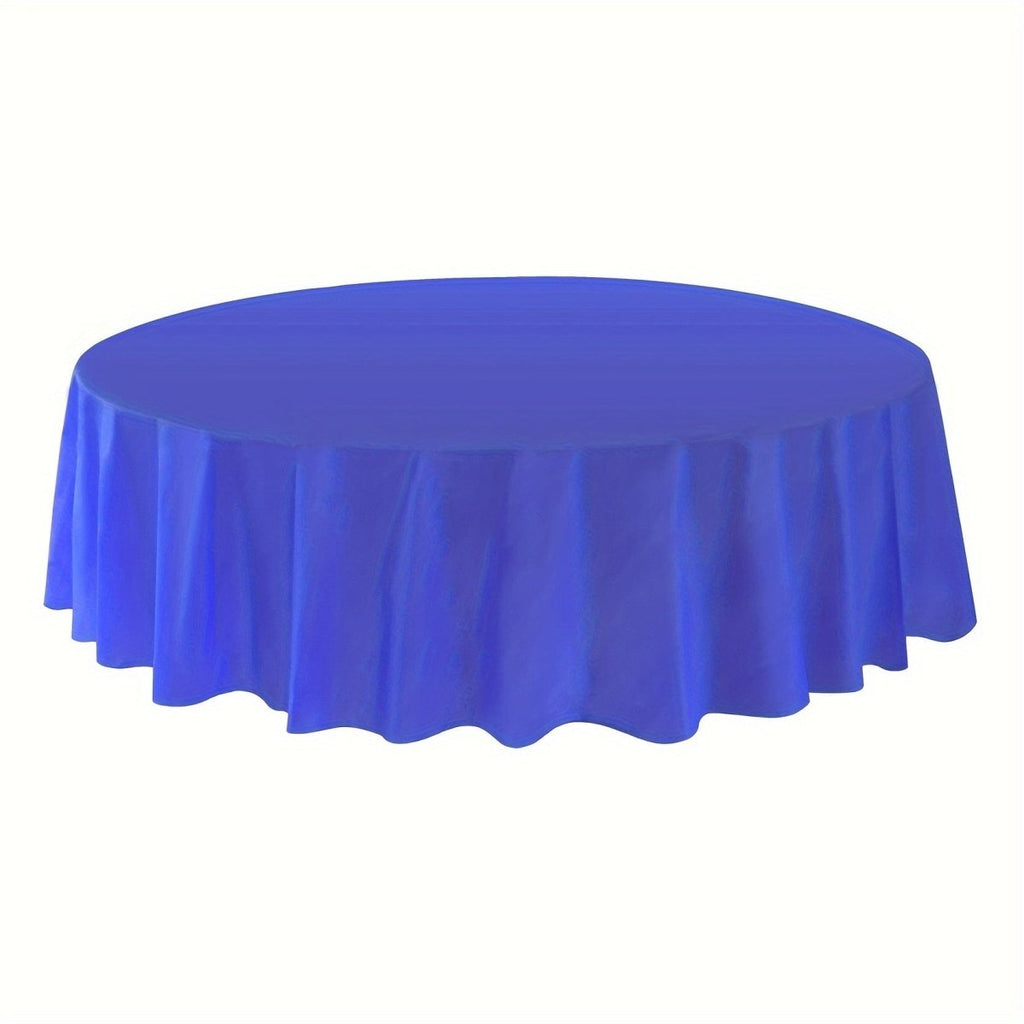 Showlu 12-pack round 84-inch plastic tablecloths for weddings, birthdays, and parties, made of disposable PVC material.