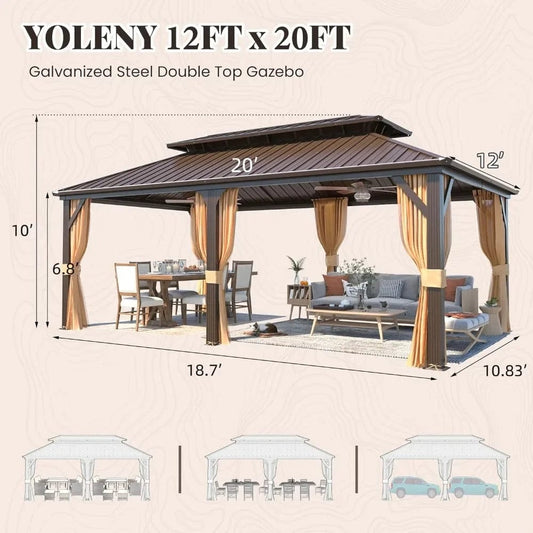 12' X 20' Hardtop Gazebo, Galvanized Steel Ventilation Double Roof Aluminum Frame, Curtains and Netting Included, Outdoor Gazebo - SHOWLU FASHION STORE