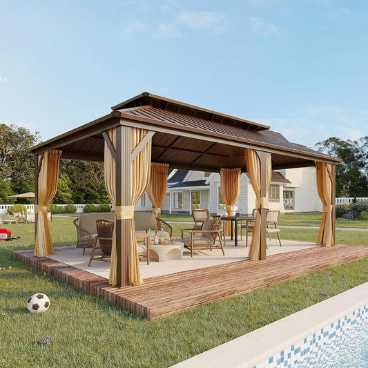 12' X 20' Hardtop Gazebo, Galvanized Steel Ventilation Double Roof Aluminum Frame, Curtains and Netting Included, Outdoor Gazebo - SHOWLU FASHION STORE