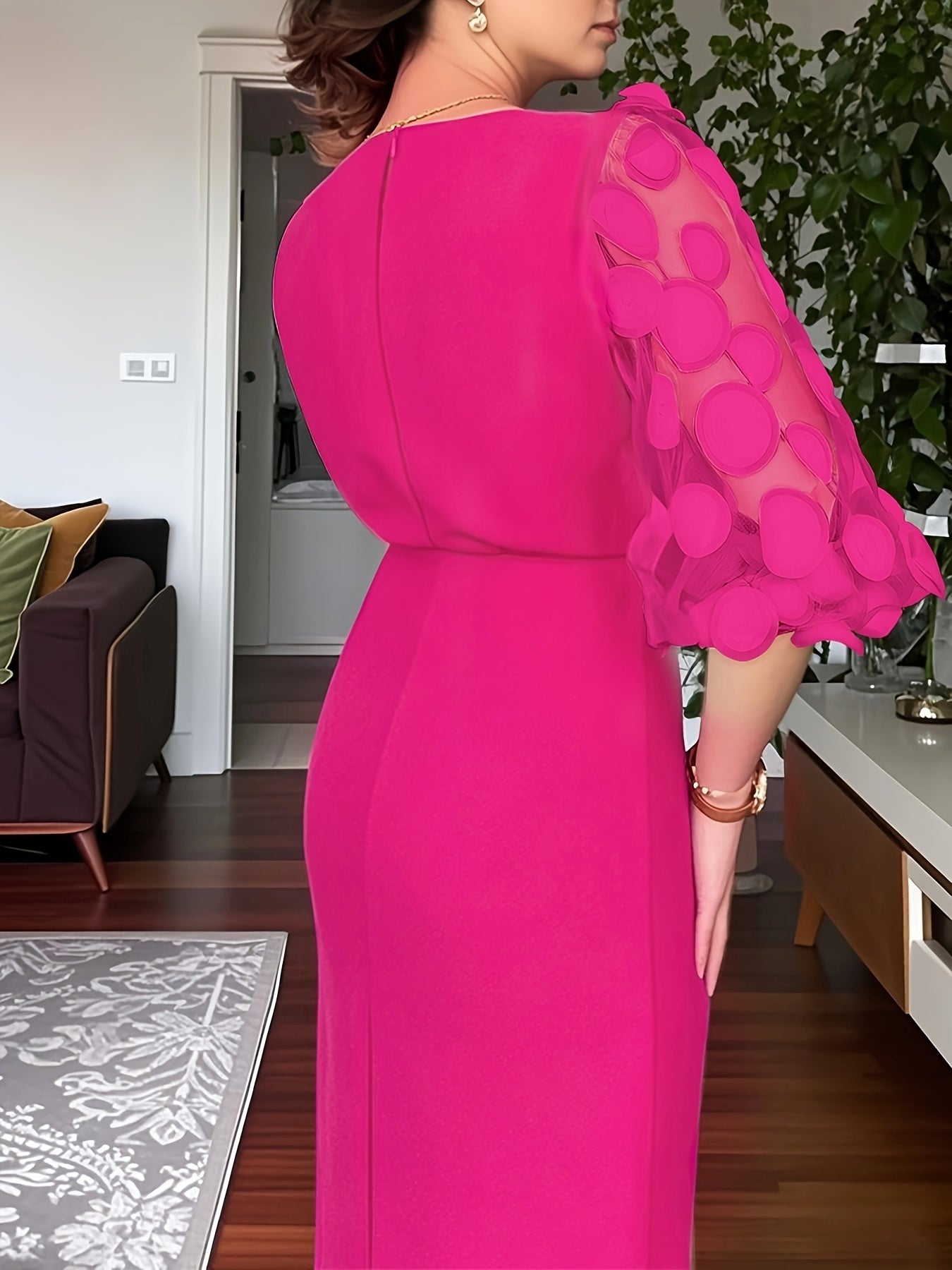 SHOWLU FASHION polka dot mesh lantern sleeve midi pencil work dress, featuring stylish design and elegant silhouette.