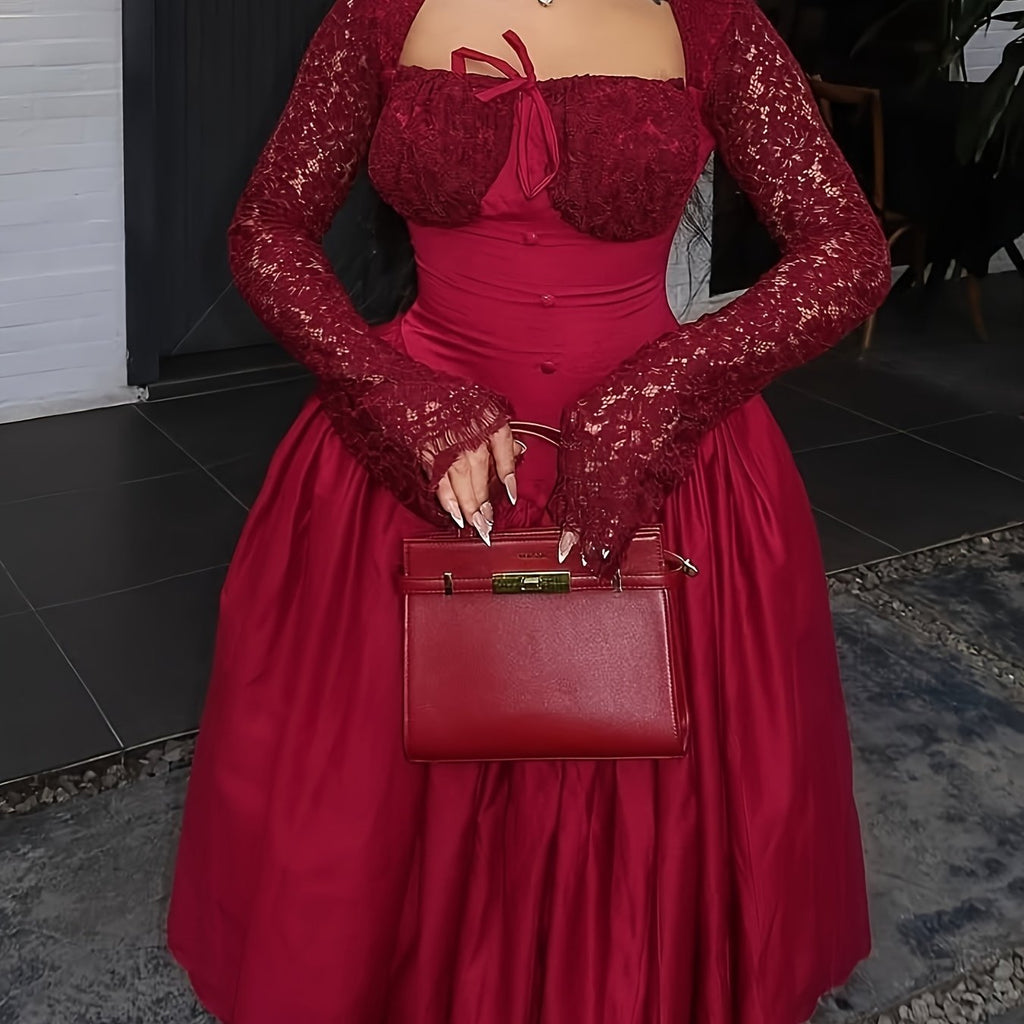 Women's square neck lace stitching long sleeve party dress by Showlu Fashion, elegant design with feminine details.