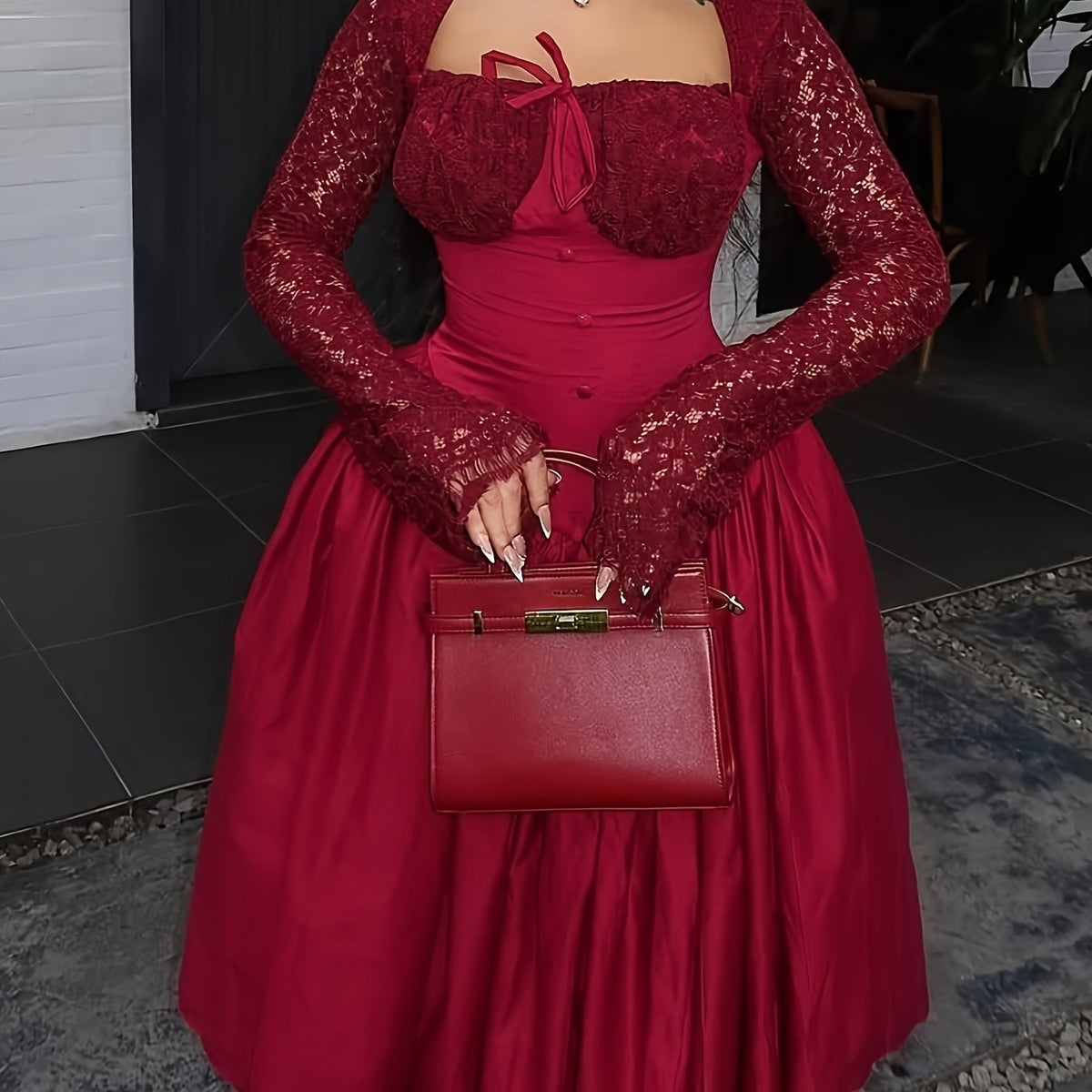 Women's square neck lace stitching long sleeve party dress by Showlu Fashion, elegant design with feminine details.
