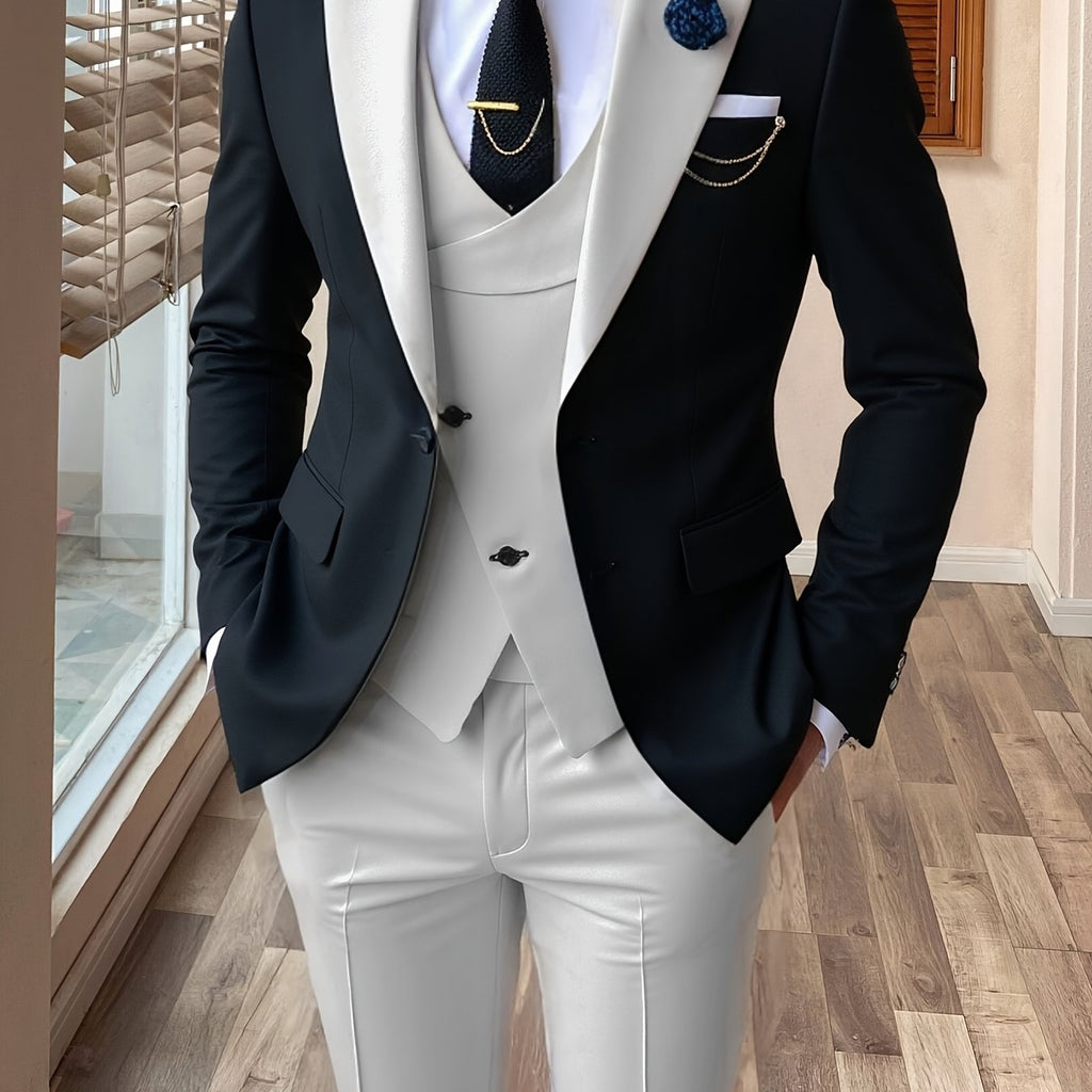 Showlu Fashion men's 3-piece color block slim fit tuxedo suit set with jacket, vest, and trousers, styled for formal occasions.