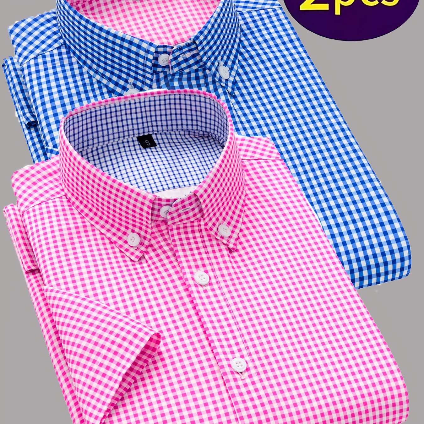 Showlu men's 2-piece summer casual short-sleeve button-up shirt set displayed on a hanger, featuring lightweight fabric and classic style.