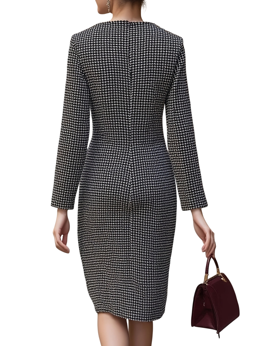 SHOWLU FASHION women's black and white houndstooth long sleeve dress displayed on a model.