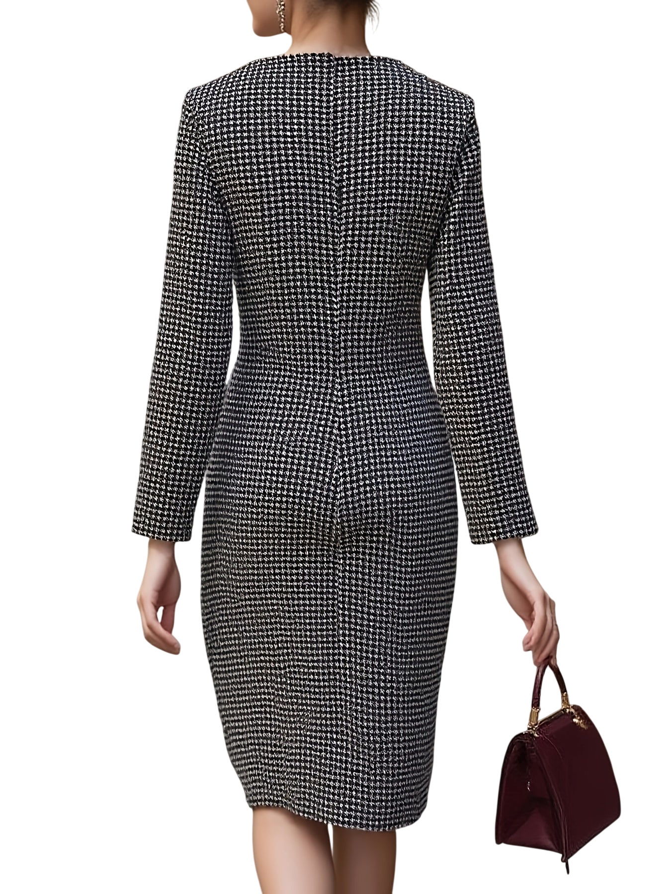 SHOWLU FASHION women's black and white houndstooth long sleeve dress displayed on a model.