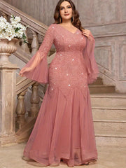 Elegant Plus Size Sequin Lace Dress with V-Neck & Long Bell Sleeves - Fitted Waist Mermaid Tulle Hem Formal Gown for Weddings, Parties, Spring/Summer Events, Mermaid Wedding Dress, Wedding Guest Attire, Sophisticated Craftsma
