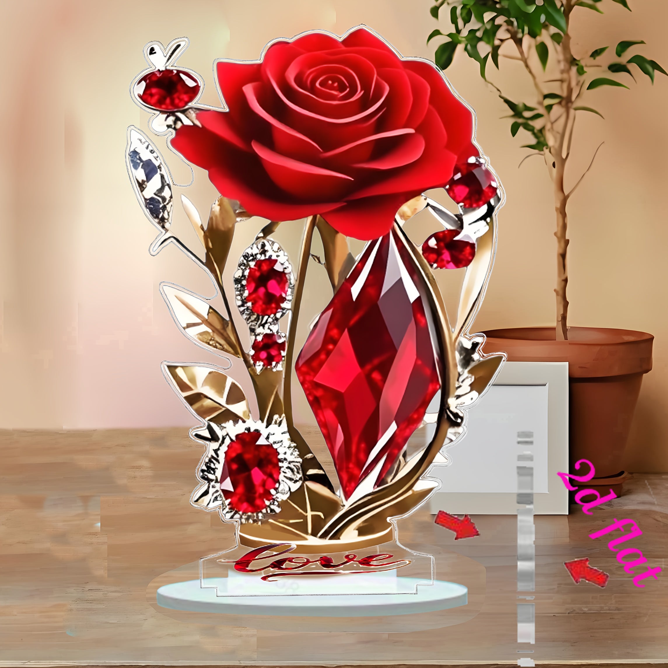 Wine red rose acrylic 2D flat tabletop floral decoration from Showlu Fashion, featuring realistic floral design for home decor.
