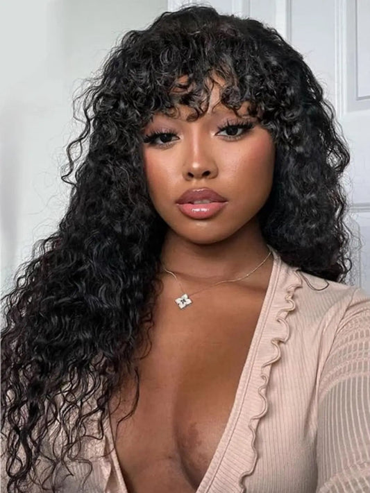 12A Cheap Water Wave Brazilian Human Hair Wig With Bangs Machine Made Wigs for Black Women Deep Wave Curly Wigs On Promotion - SHOWLU FASHION STORE